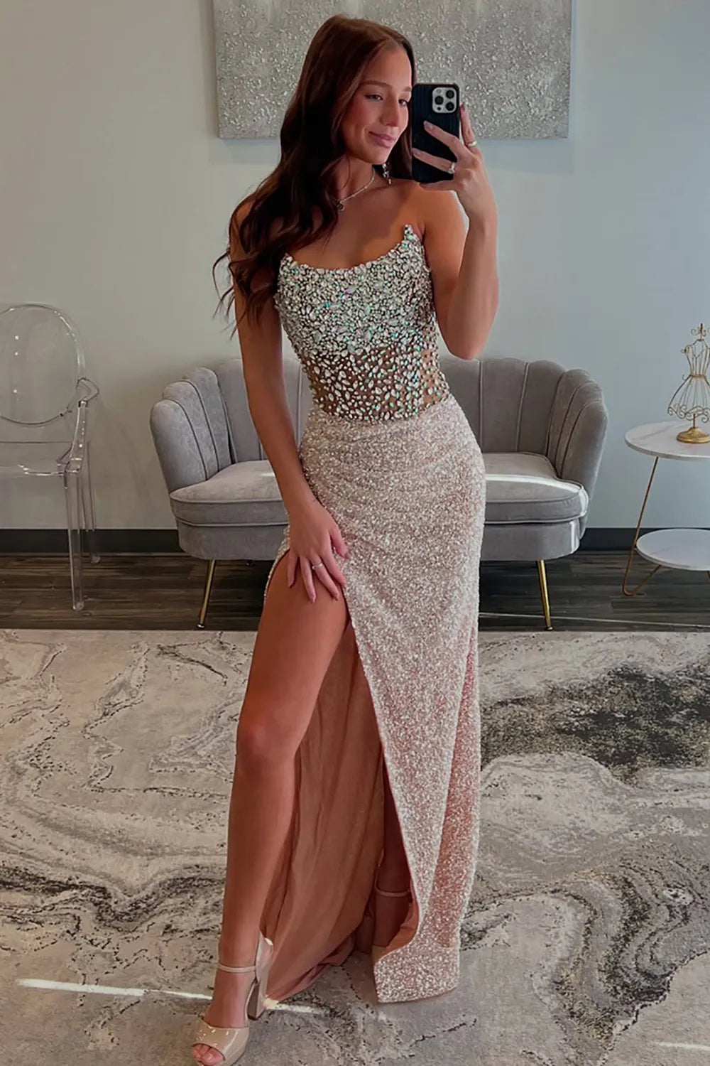 Glitter Champagne Strapless Sequin Mermaid Long Prom Dress with Beading