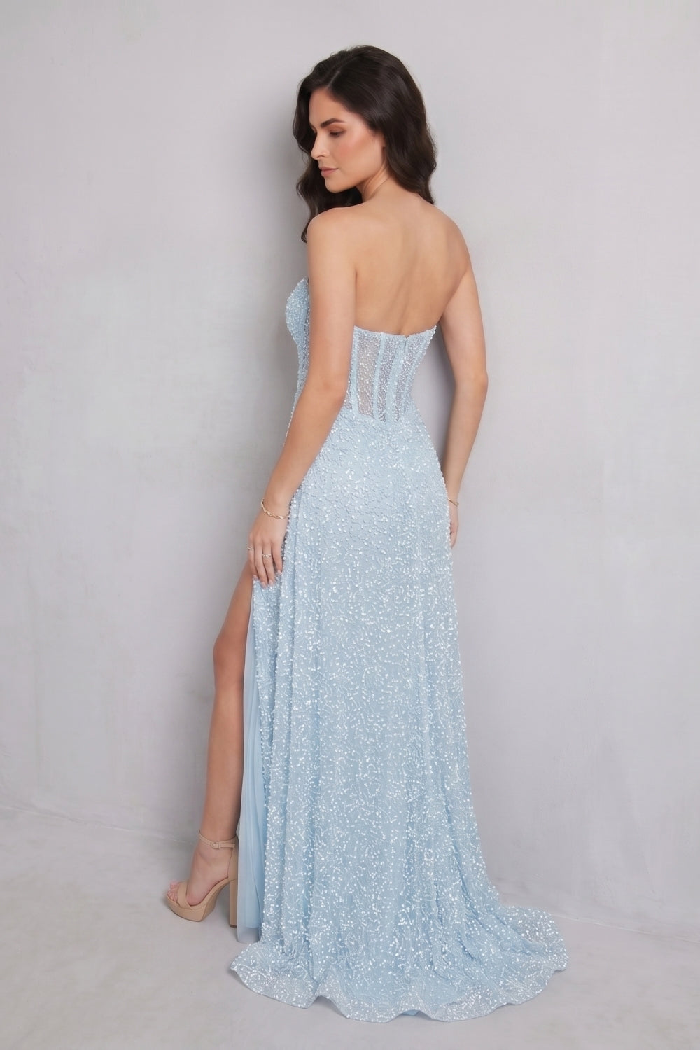 Glitter Light Blue Strapless Beaded Mermaid Long Prom Dress with Slit