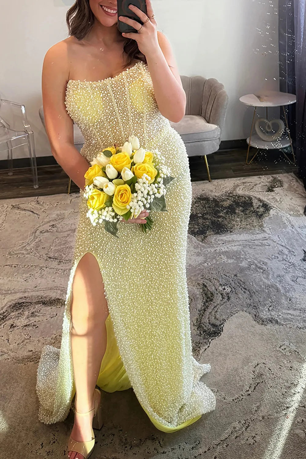 Light Blue Strapless Beaded Mermaid Long Prom Dress with Slit
