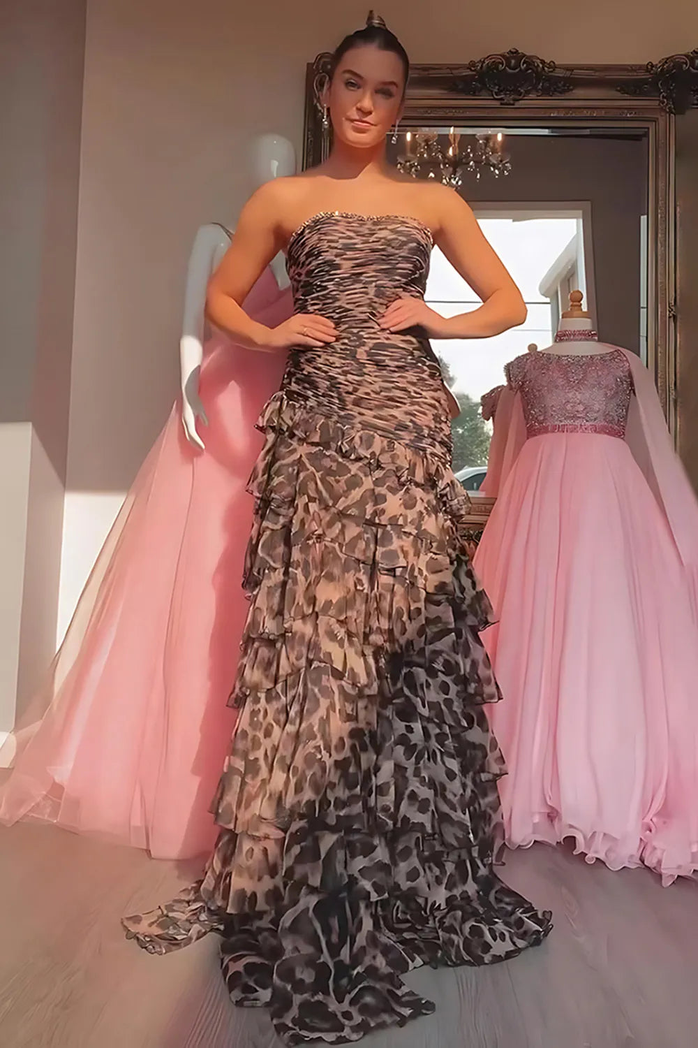Brown Leopard Strapless Tiered Mermaid Long Prom Dress with Slit