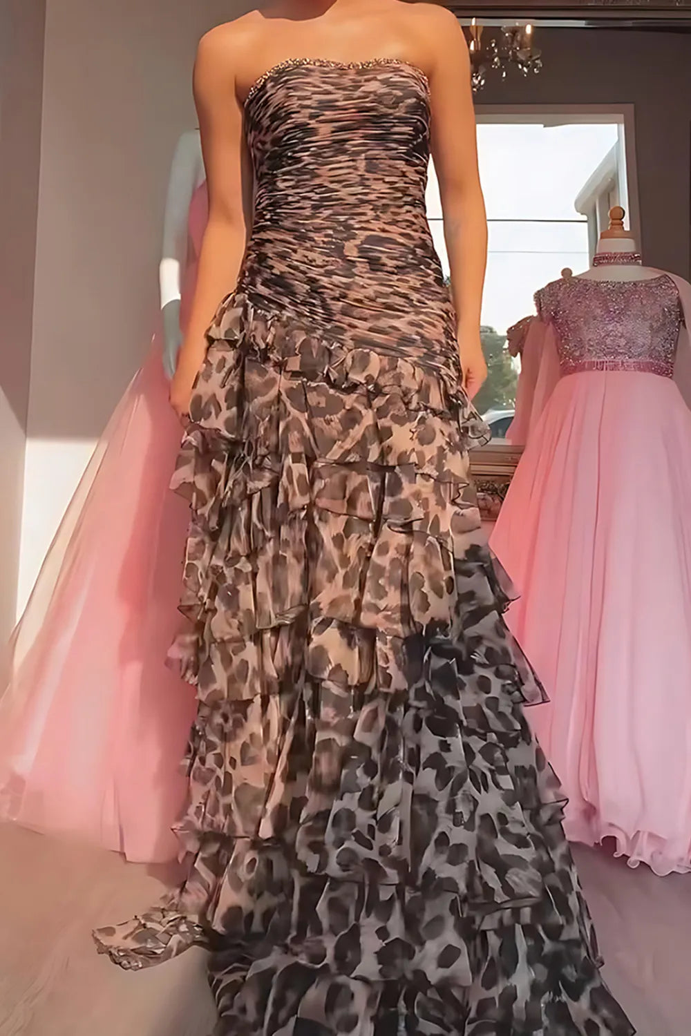 Brown Leopard Strapless Tiered Mermaid Long Prom Dress with Slit