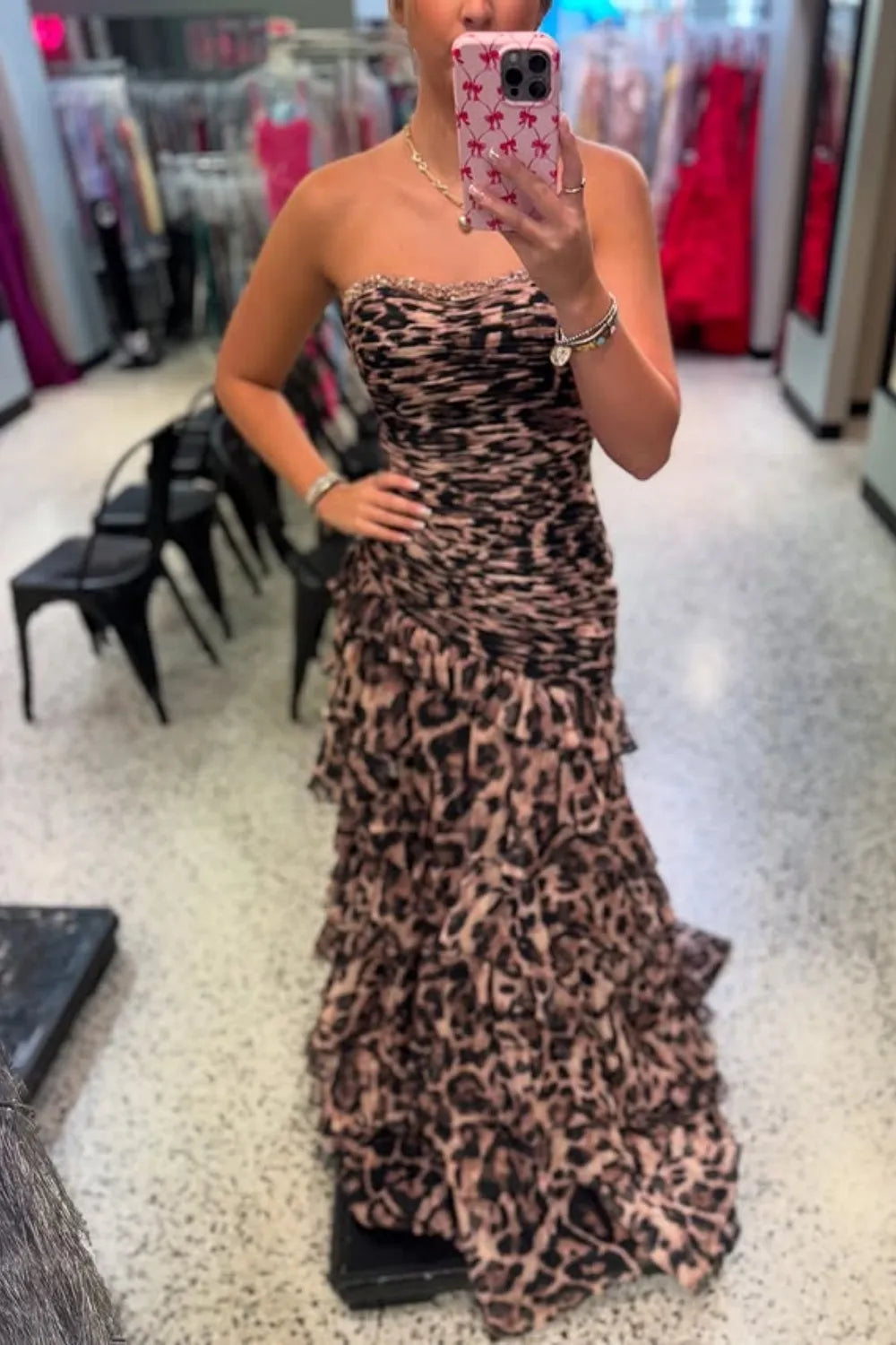 Brown Leopard Strapless Tiered Mermaid Long Prom Dress with Slit