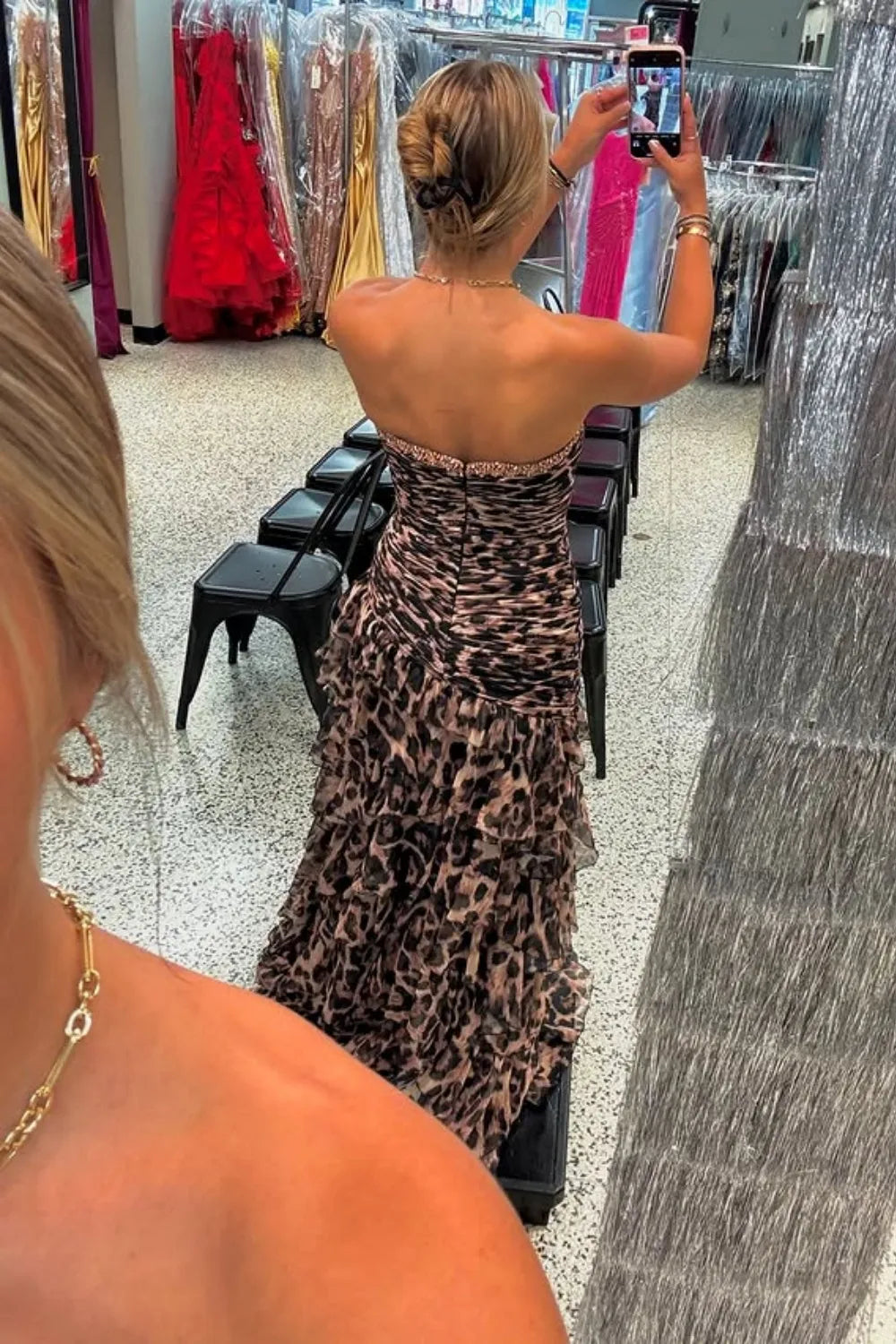 Brown Leopard Strapless Tiered Mermaid Long Prom Dress with Slit