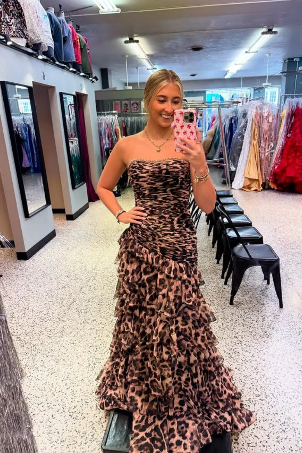 Brown Leopard Strapless Tiered Mermaid Long Prom Dress with Slit