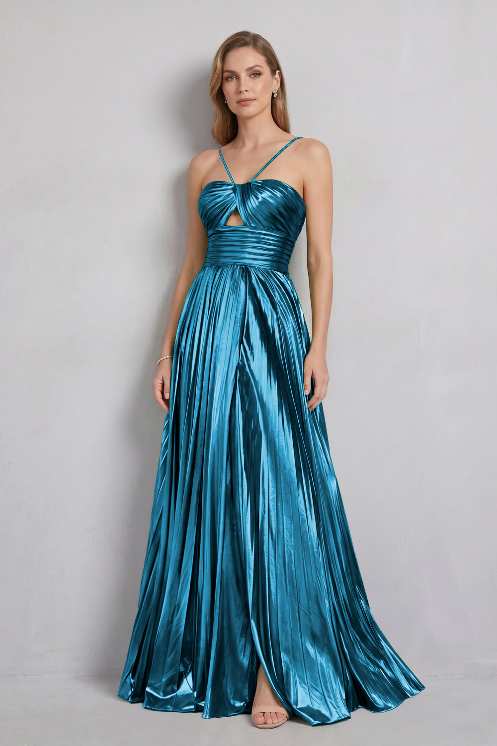 Green Halter Metallic Pleated A-Line Long Prom Dress with Slit