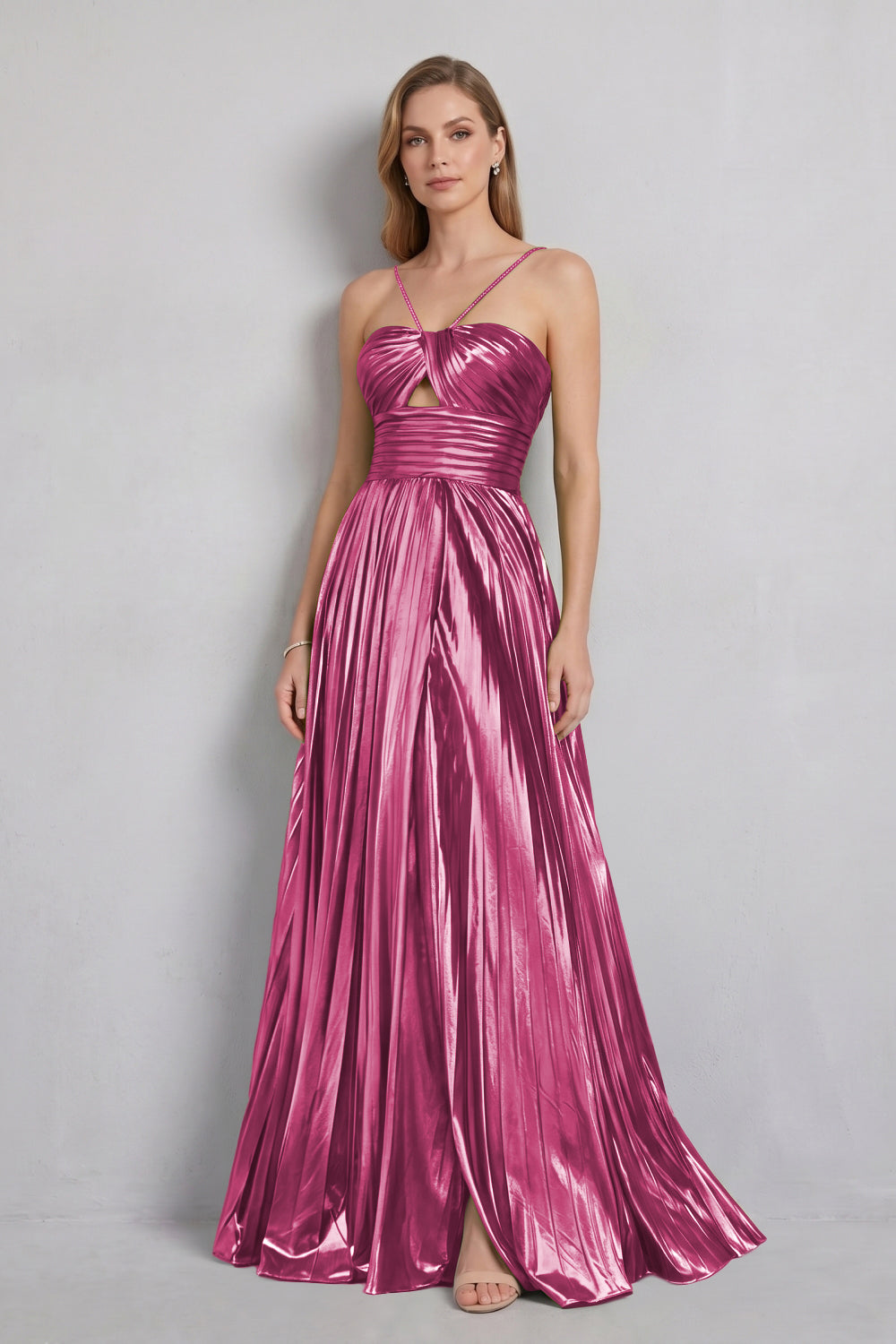 Green Halter Metallic Pleated A-Line Long Prom Dress with Slit