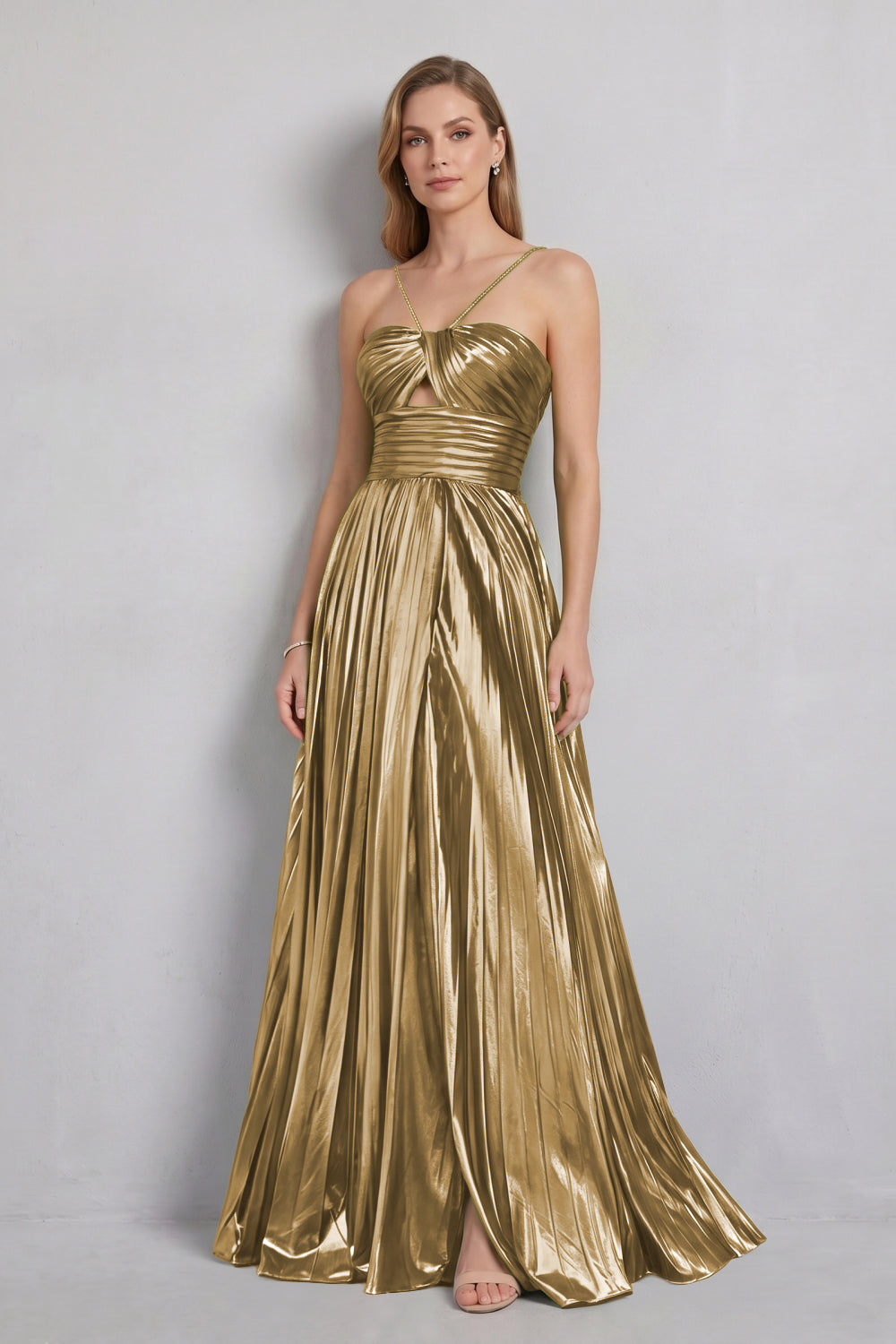 Green Halter Metallic Pleated A-Line Long Prom Dress with Slit