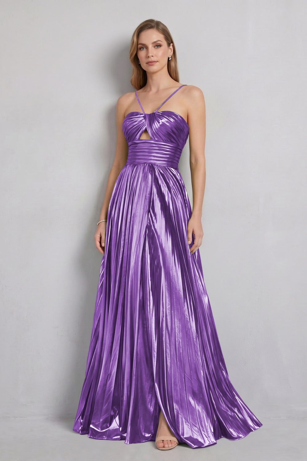 Green Halter Metallic Pleated A-Line Long Prom Dress with Slit