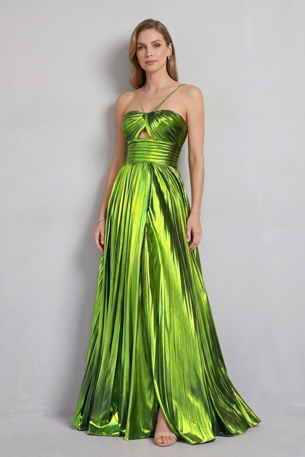 Green Halter Metallic Pleated A-Line Long Prom Dress with Slit