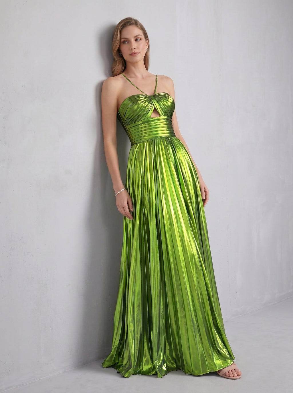 Green Halter Metallic Pleated A-Line Long Prom Dress with Slit