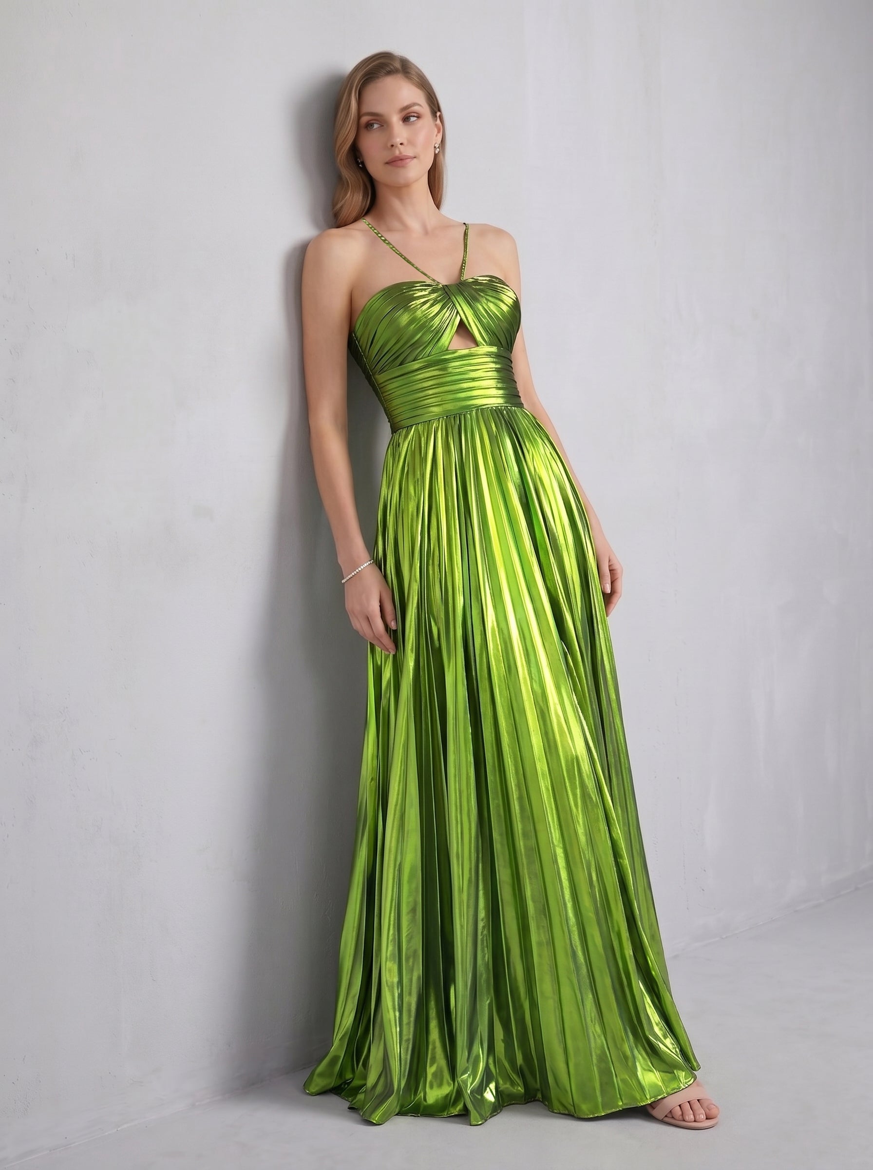 Green Halter Metallic Pleated A-Line Long Prom Dress with Slit