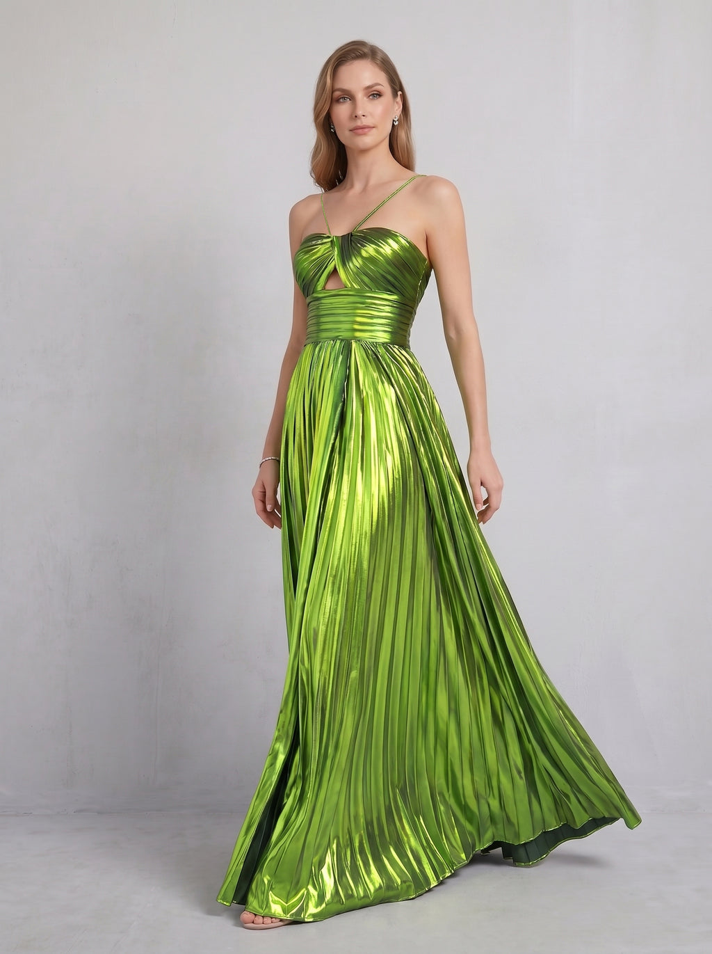 Green Halter Metallic Pleated A-Line Long Prom Dress with Slit