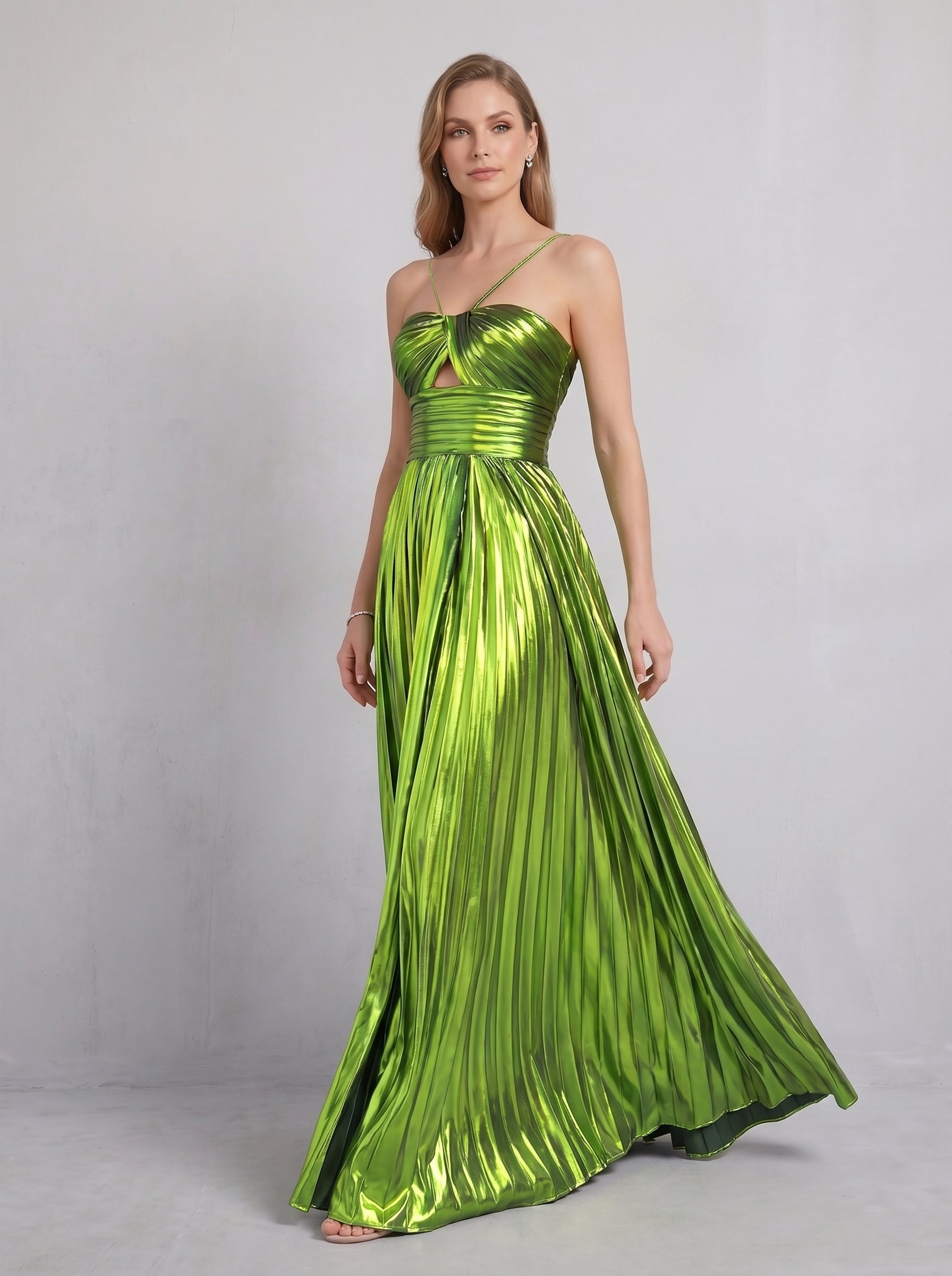 Green Halter Metallic Pleated A-Line Long Prom Dress with Slit