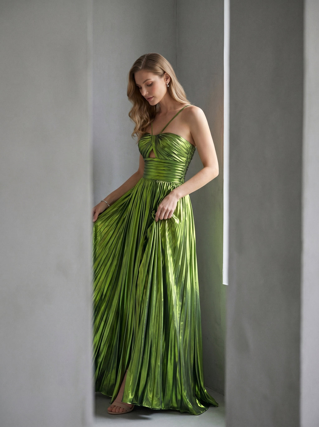 Green Halter Metallic Pleated A-Line Long Prom Dress with Slit