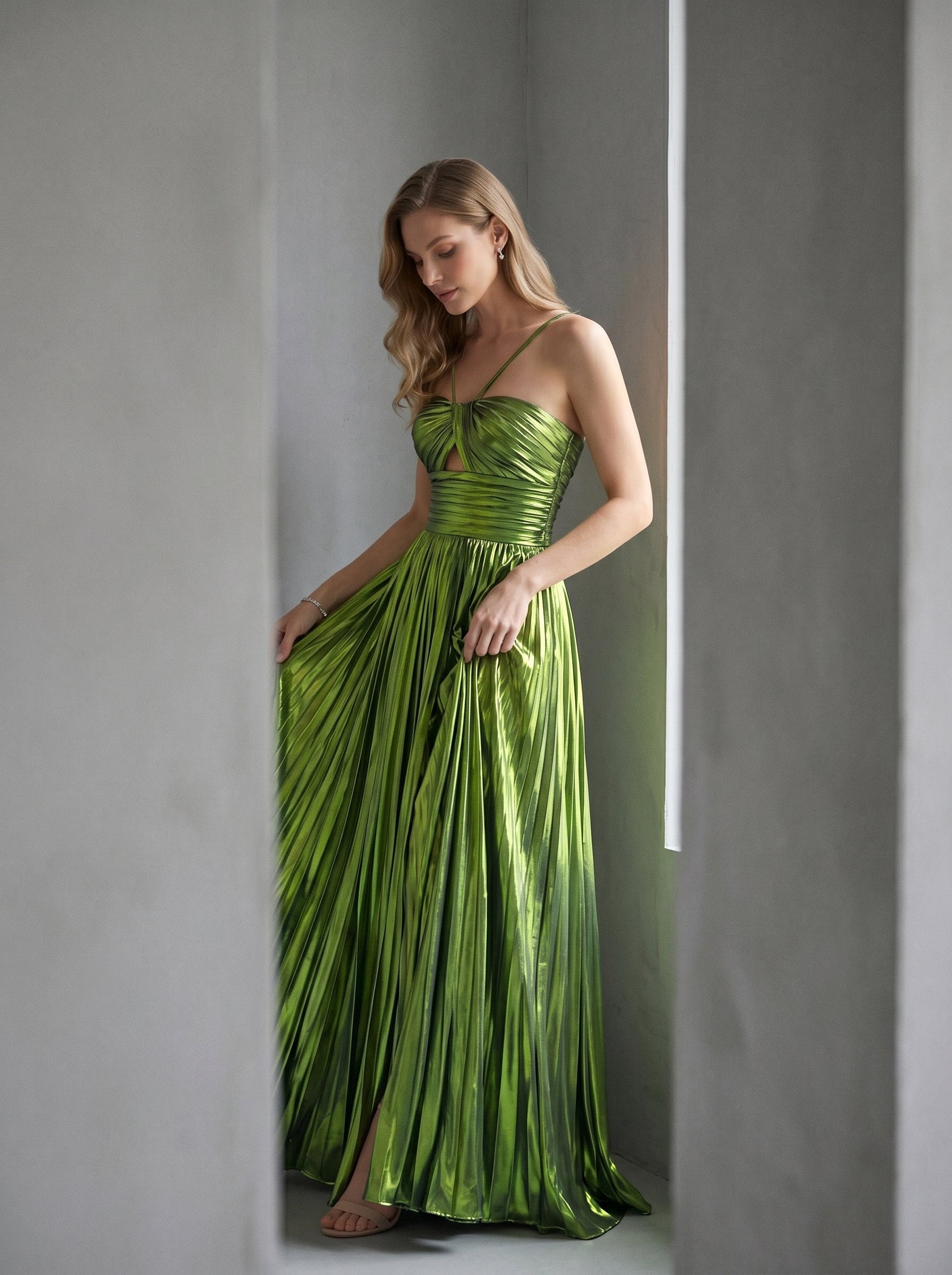 Green Halter Metallic Pleated A-Line Long Prom Dress with Slit