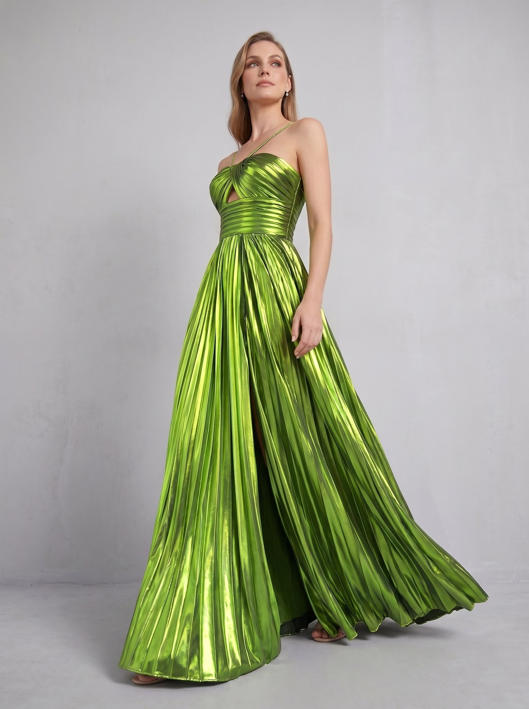 Green Halter Metallic Pleated A-Line Long Prom Dress with Slit