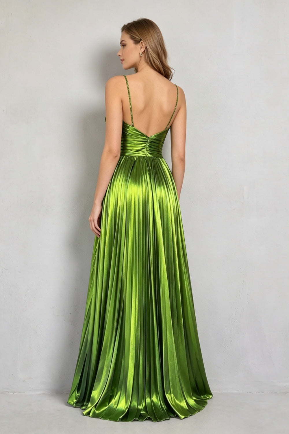 Green Halter Metallic Pleated A-Line Long Prom Dress with Slit