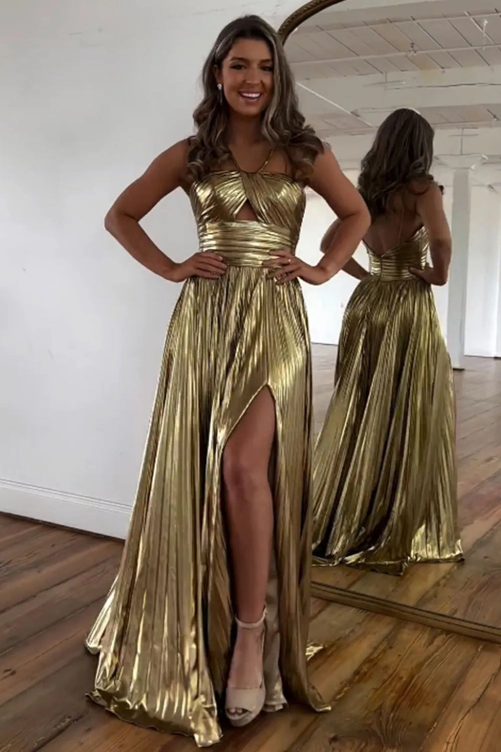 Gold Halter Metallic Pleated A-Line Long Prom Dress with Slit