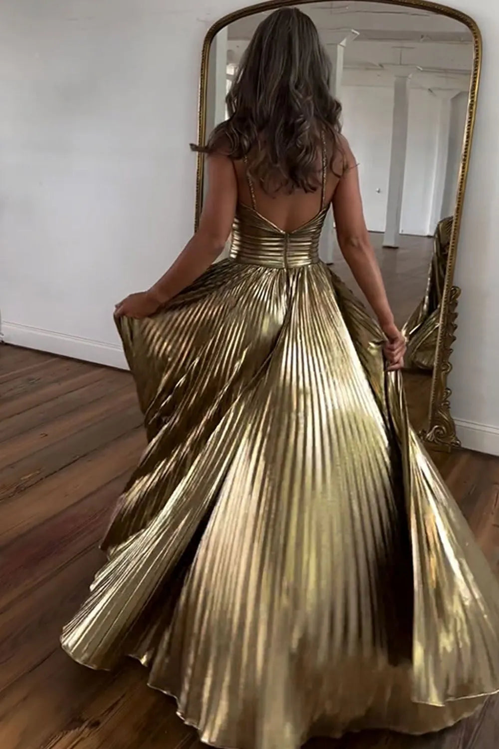 Gold Halter Metallic Pleated A-Line Long Prom Dress with Slit