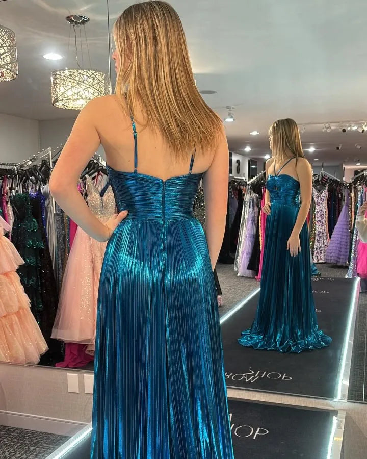 Gold Halter Metallic Pleated A-Line Long Prom Dress with Slit