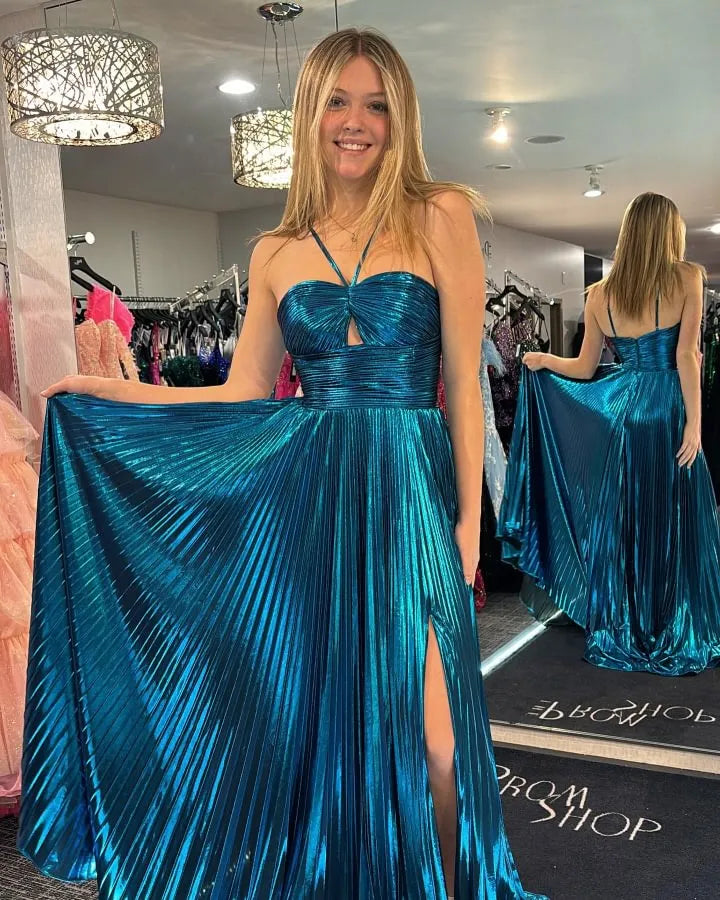 Gold Halter Metallic Pleated A-Line Long Prom Dress with Slit