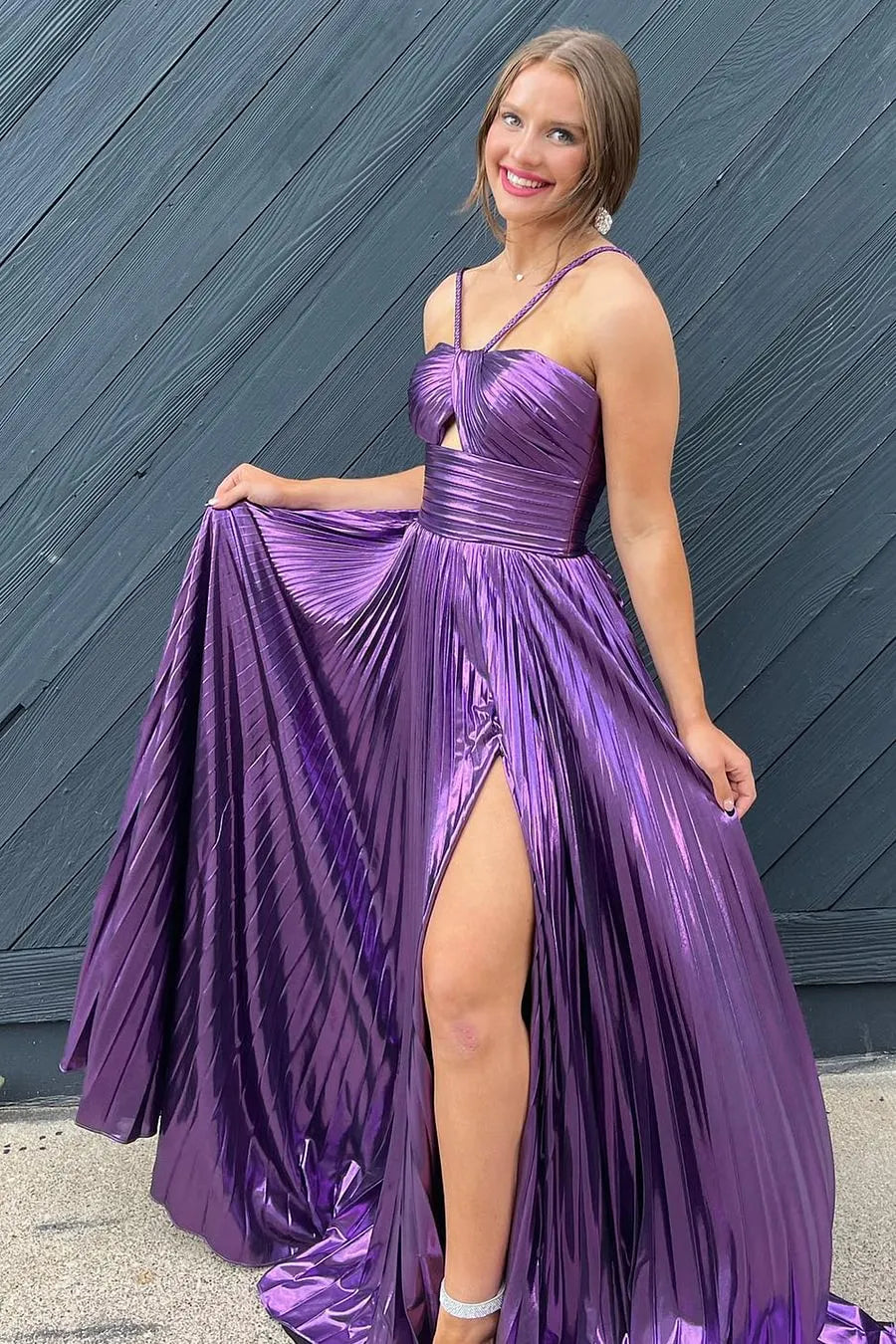 Gold Halter Metallic Pleated A-Line Long Prom Dress with Slit