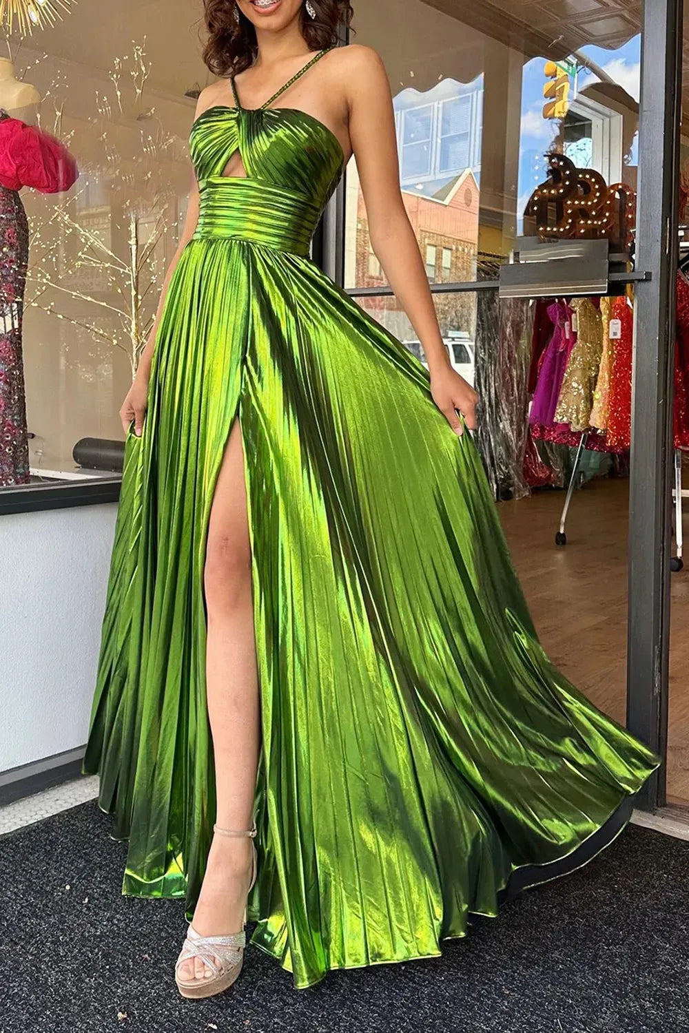 Gold Halter Metallic Pleated A-Line Long Prom Dress with Slit