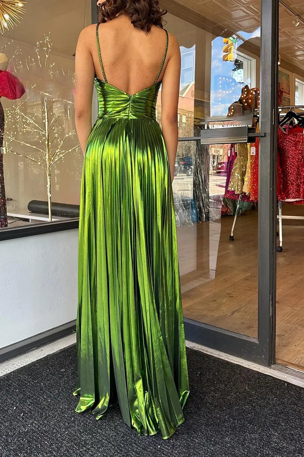 Gold Halter Metallic Pleated A-Line Long Prom Dress with Slit