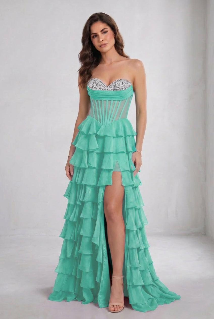 Black Sweetheart Ball Gown Chiffon Tiered Long Prom Dress with Beading