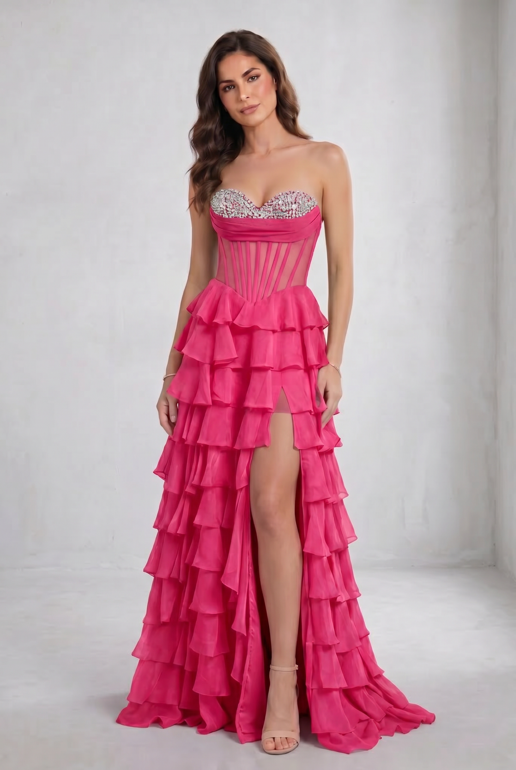 Black Sweetheart Ball Gown Chiffon Tiered Long Prom Dress with Beading
