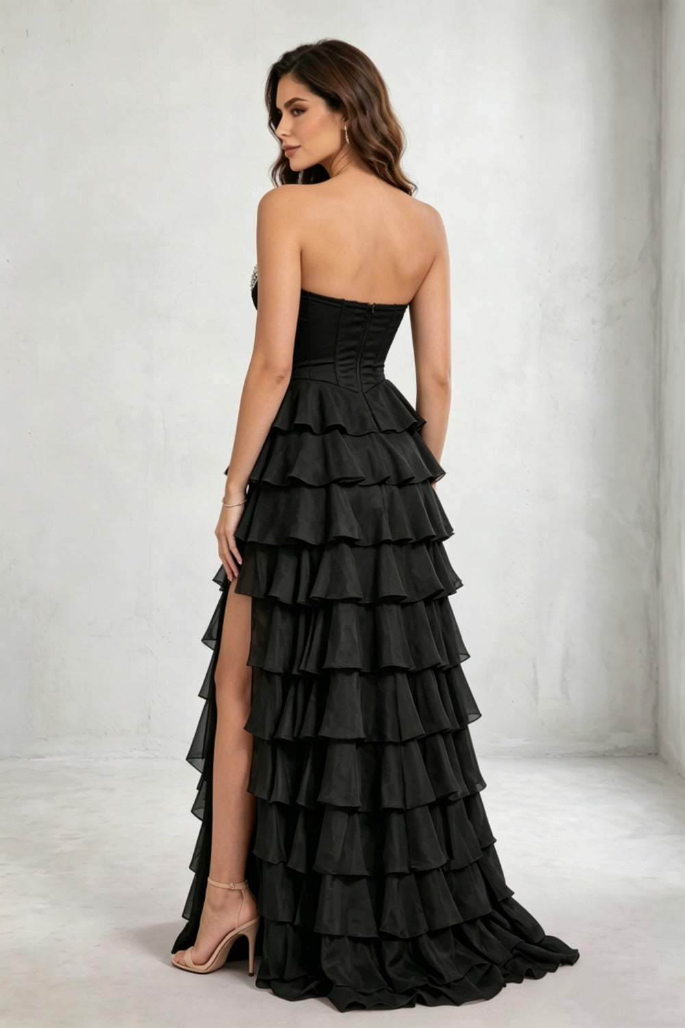 Black Sweetheart Ball Gown Chiffon Tiered Long Prom Dress with Beading