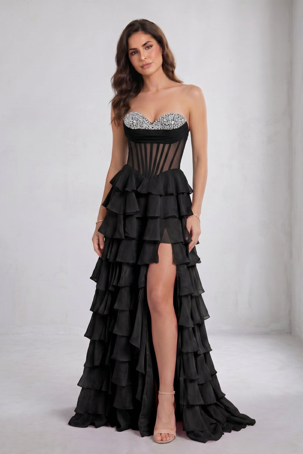 Black Sweetheart Ball Gown Chiffon Tiered Long Prom Dress with Beading
