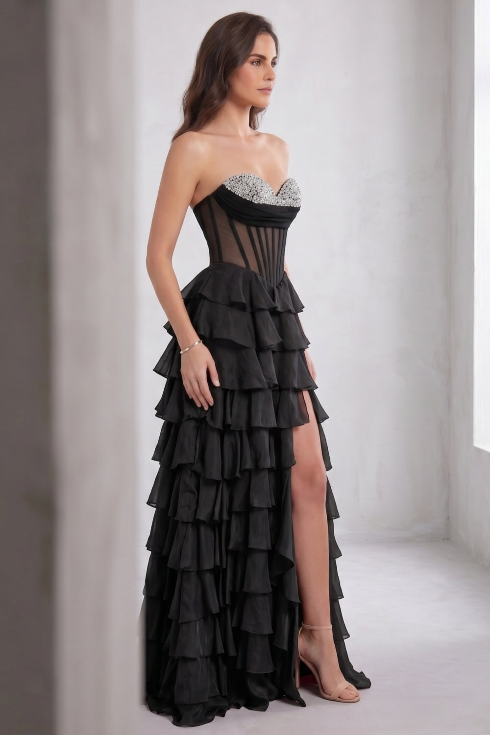 Black Sweetheart Ball Gown Chiffon Tiered Long Prom Dress with Beading