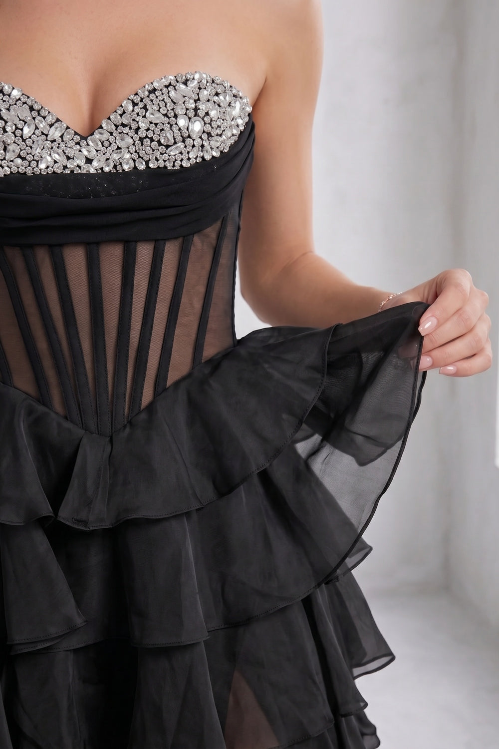 Black Sweetheart Ball Gown Chiffon Tiered Long Prom Dress with Beading