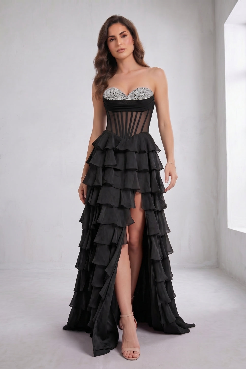 Black Sweetheart Ball Gown Chiffon Tiered Long Prom Dress with Beading