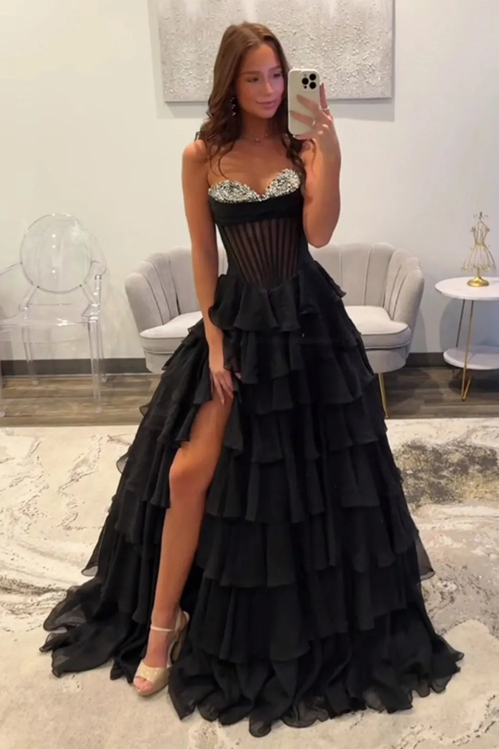 Black Sweetheart A-Line Chiffon Tiered Long Prom Dress with Beading