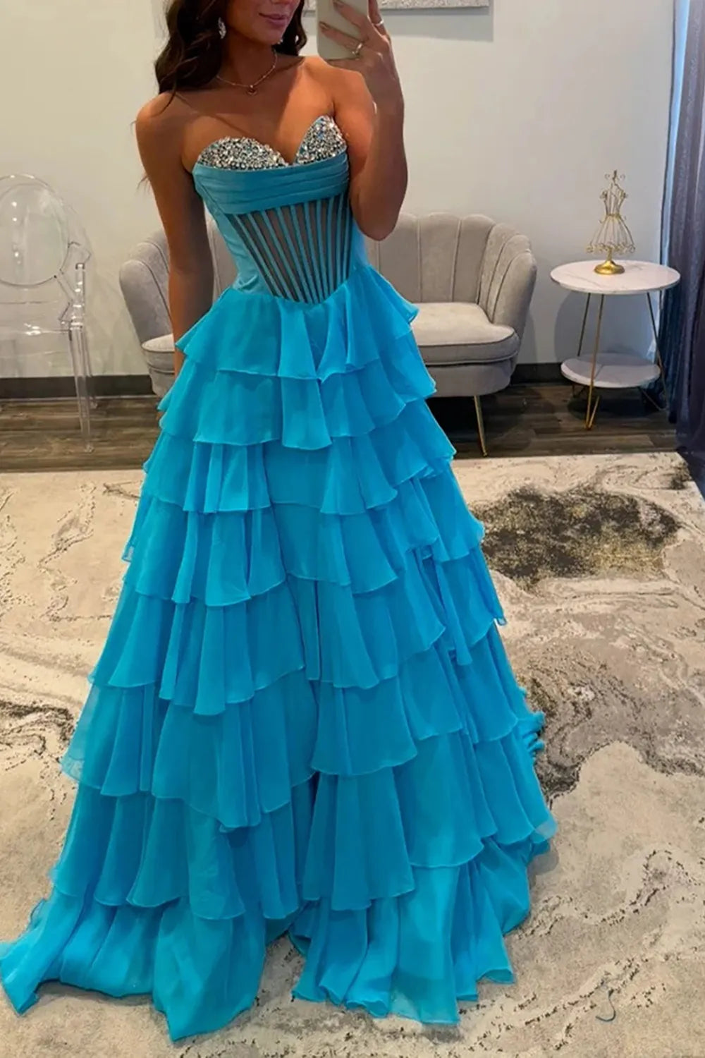 Black Sweetheart A-Line Chiffon Tiered Long Prom Dress with Beading