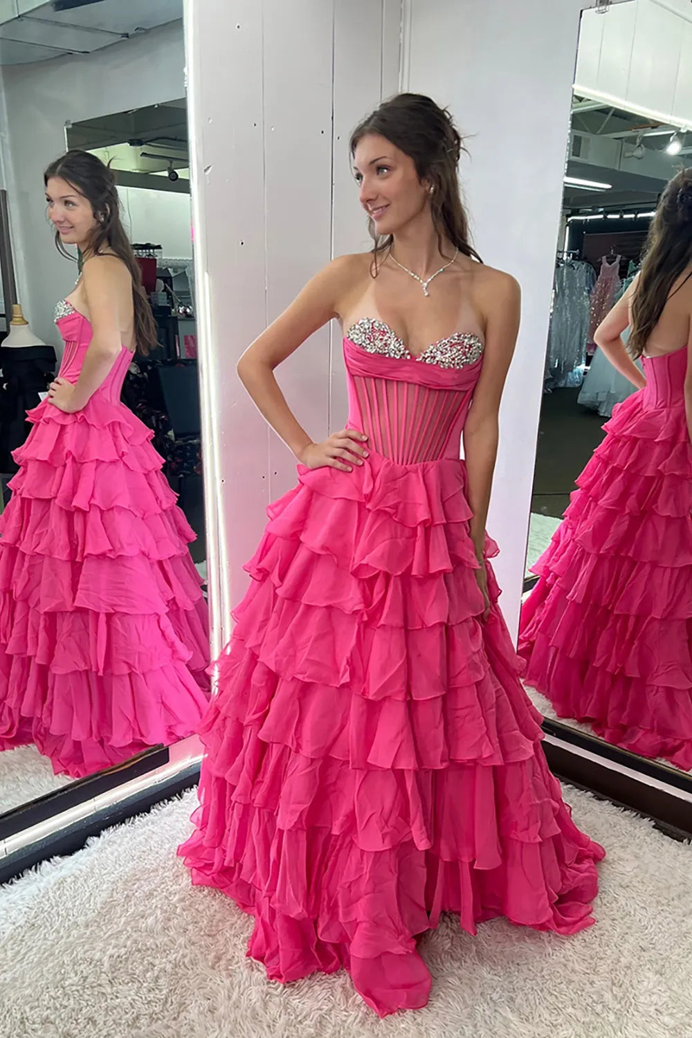 Black Sweetheart A-Line Chiffon Tiered Long Prom Dress with Beading