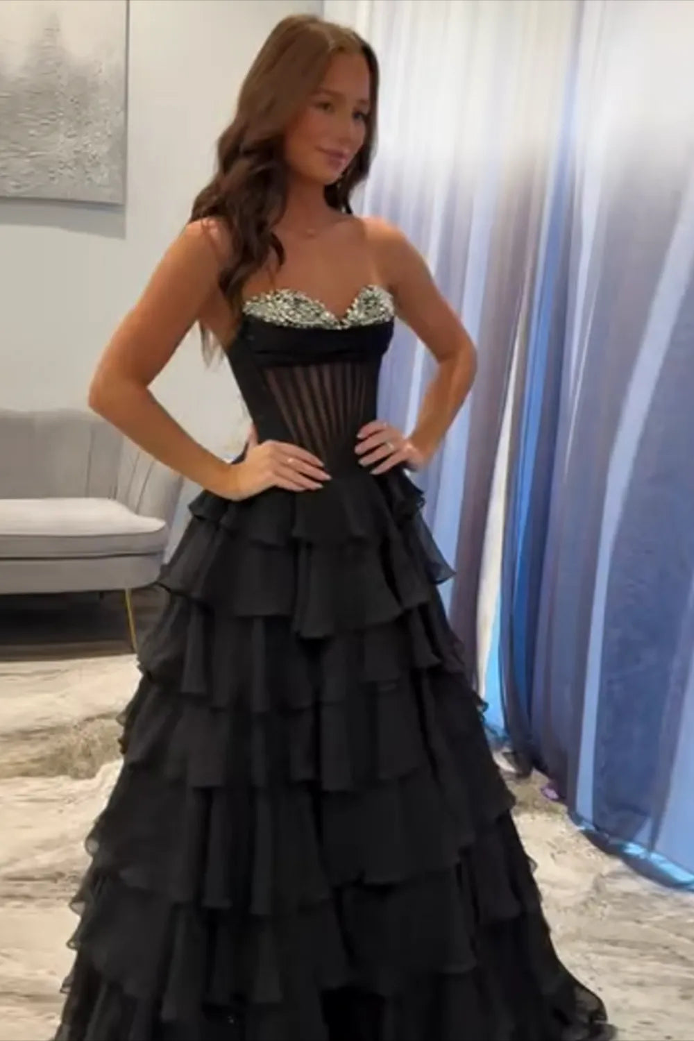 Black Sweetheart A-Line Chiffon Tiered Long Prom Dress with Beading