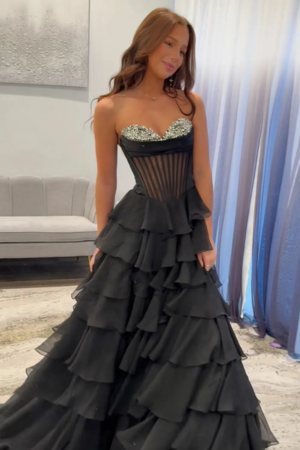 Black Sweetheart A-Line Chiffon Tiered Long Prom Dress with Beading