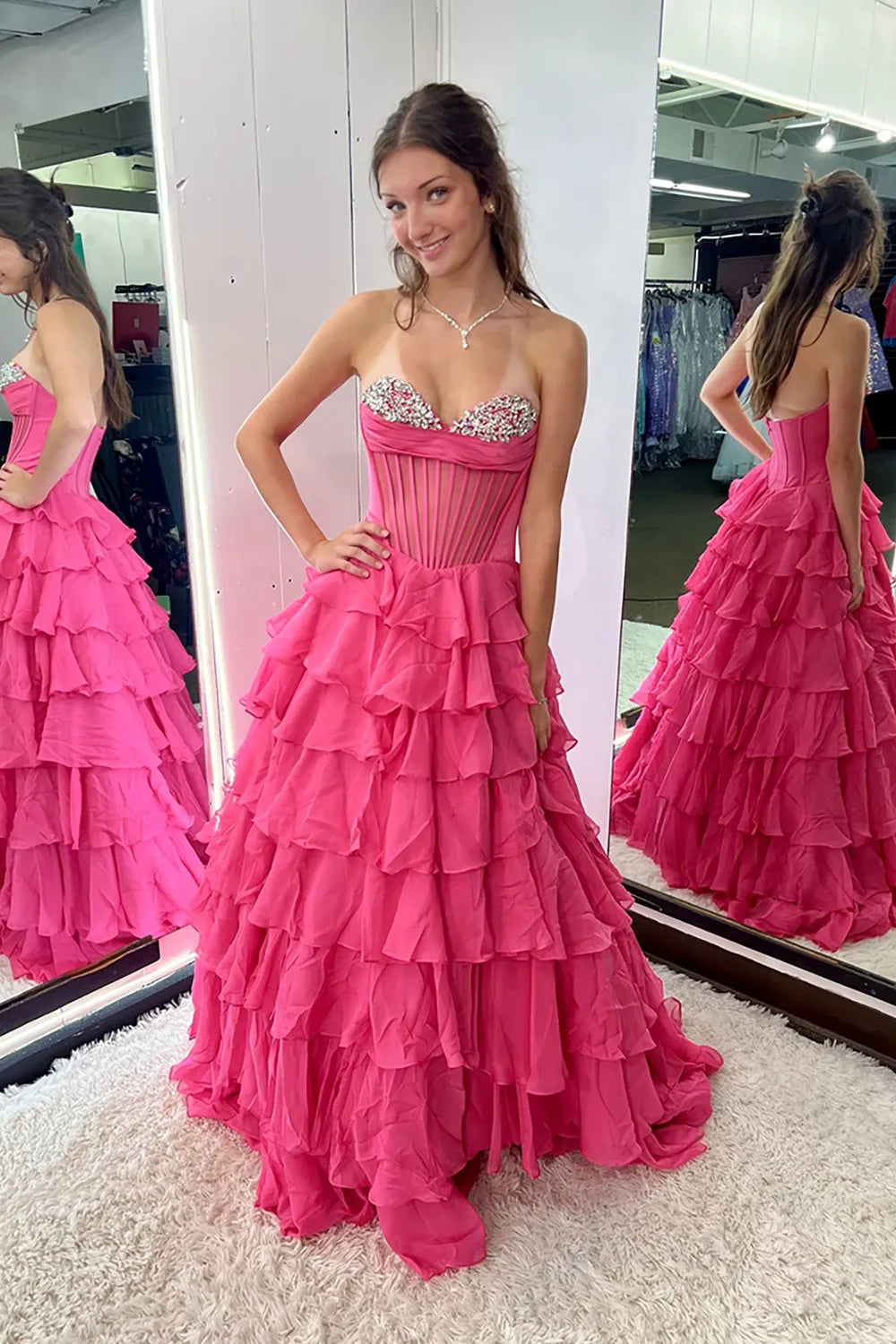 Black Sweetheart A-Line Chiffon Tiered Long Prom Dress with Beading