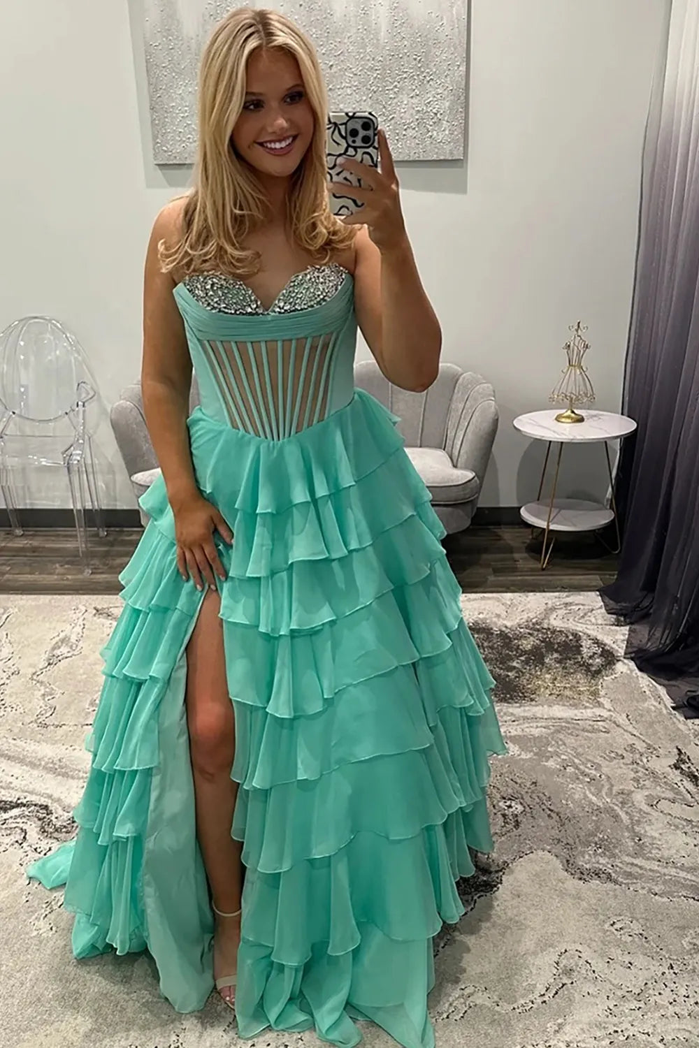 Black Sweetheart A-Line Chiffon Tiered Long Prom Dress with Beading