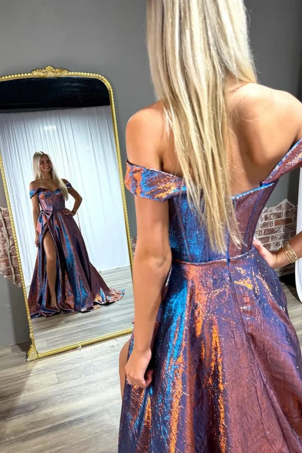 Blue Off-the-Shoulder A-Line Metallic Long Prom Dress with Bow