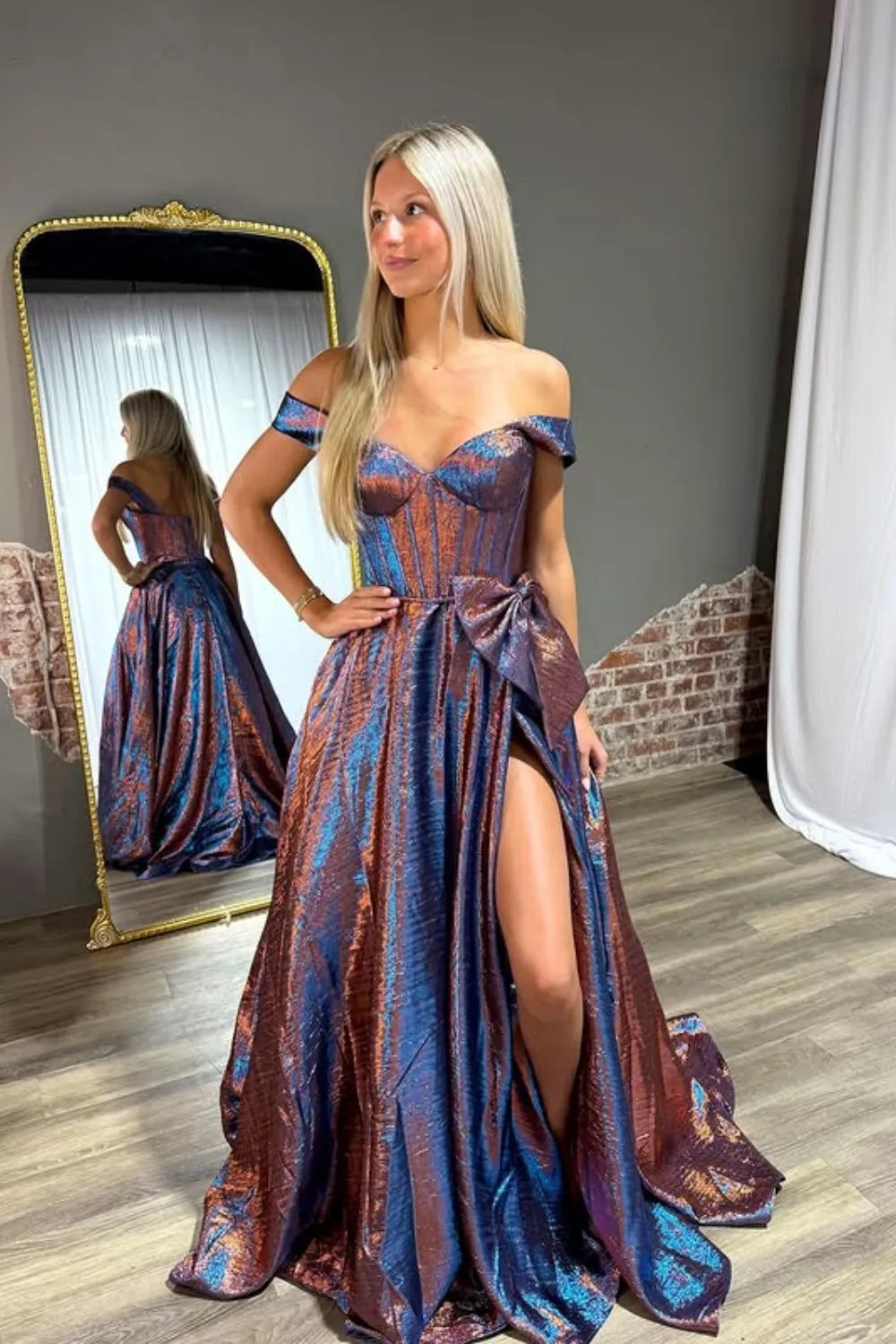 Blue Off-the-Shoulder A-Line Metallic Long Prom Dress with Bow