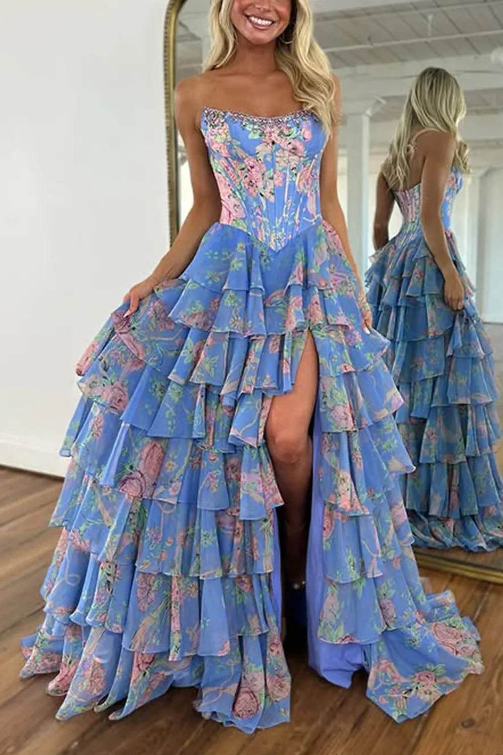 Blue Floral Chiffon Tiered Strapless A-Line Long Prom Dress with Slit