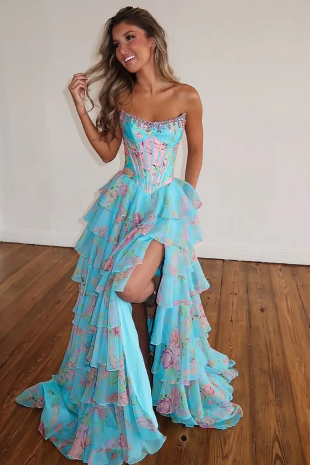 Blue Floral Chiffon Tiered Strapless A-Line Long Prom Dress with Slit