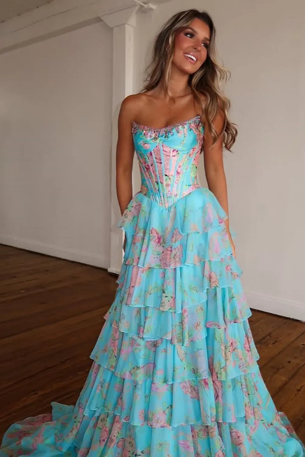 Blue Floral Chiffon Tiered Strapless A-Line Long Prom Dress with Slit