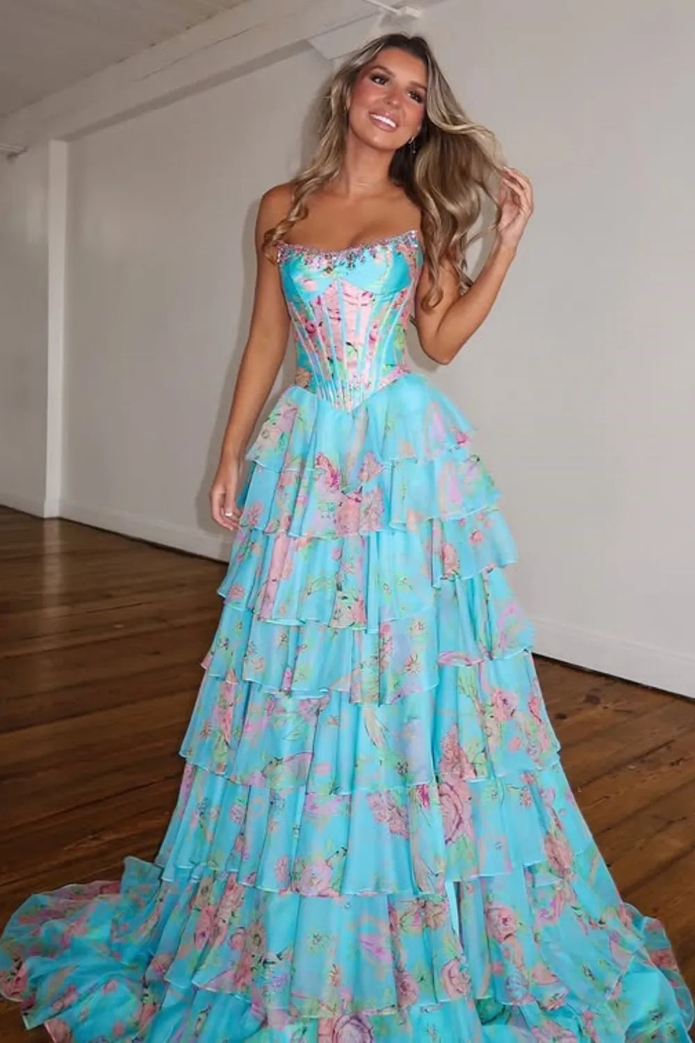 Blue Floral Chiffon Tiered Strapless A-Line Long Prom Dress with Slit