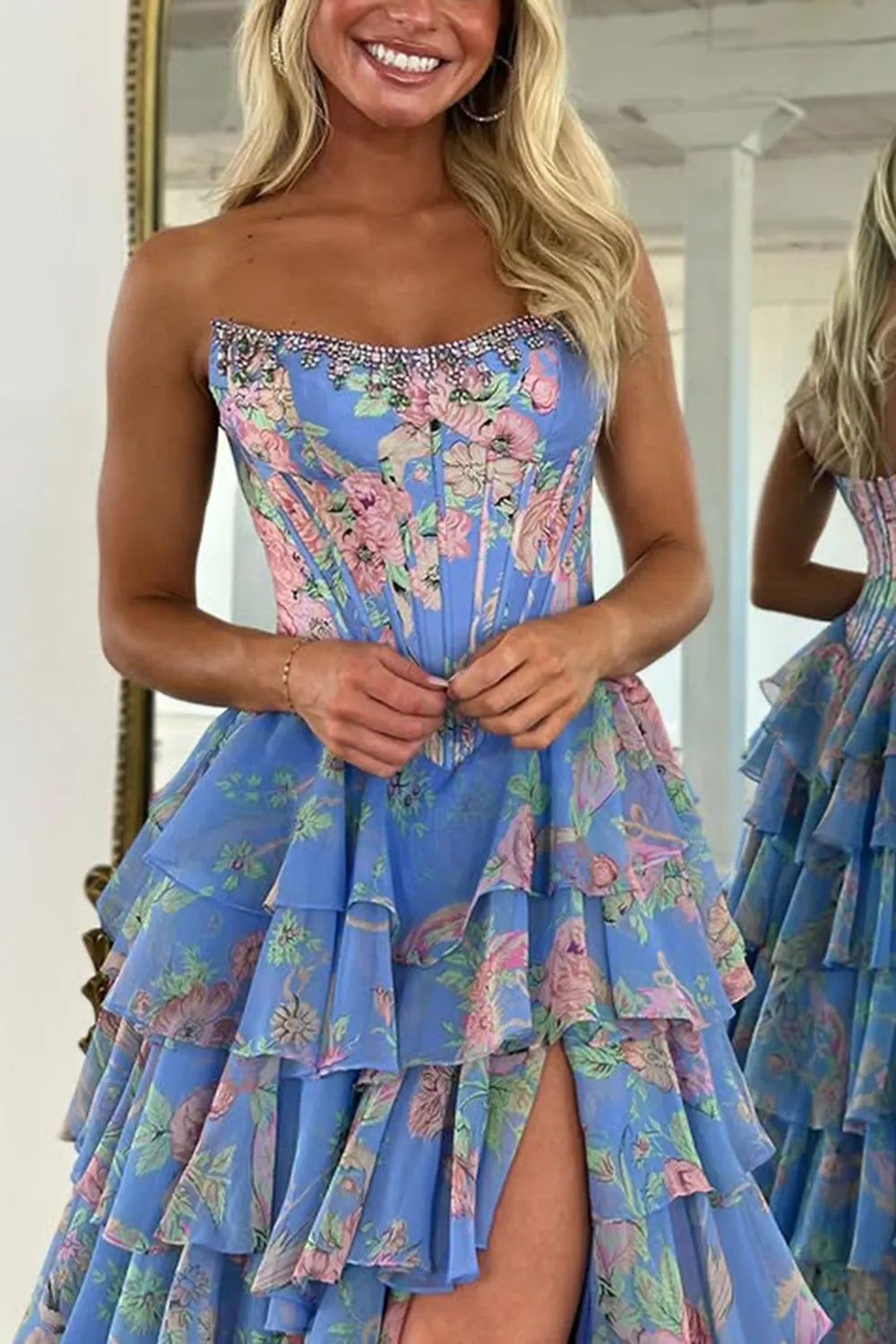 Blue Floral Chiffon Tiered Strapless A-Line Long Prom Dress with Slit