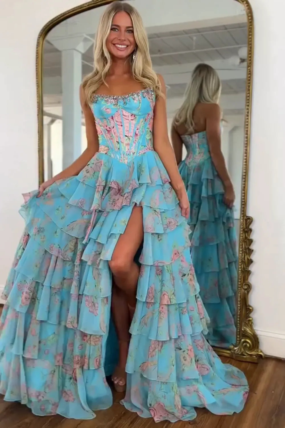 Blue Floral Chiffon Tiered Strapless A-Line Long Prom Dress with Slit